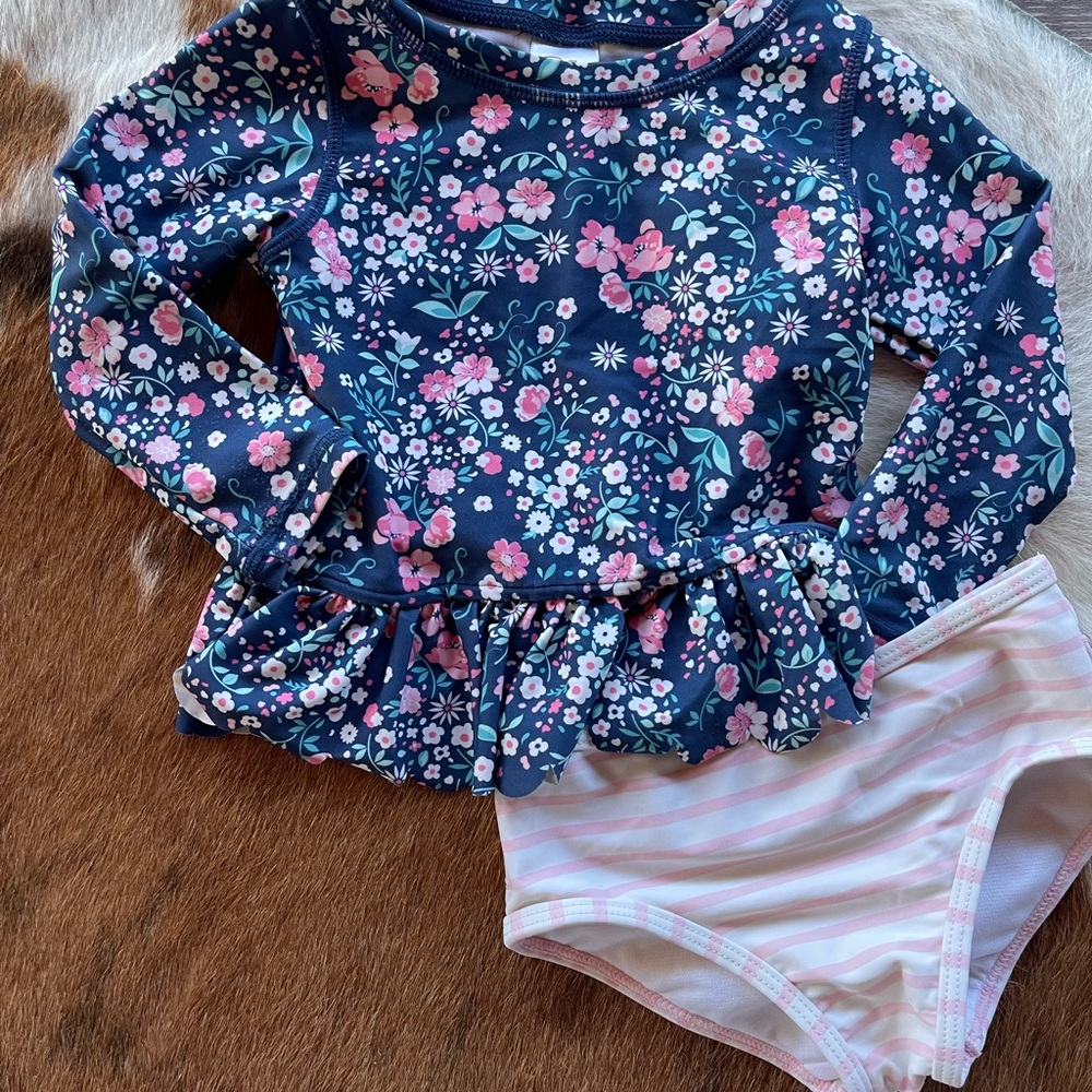 Ruffle Butts Navy Floral Long-Sleeve Swim Set with Pink Striped Bottom